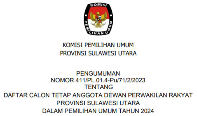 KPU Sulut Umumkan DCT Caleg DPRD Sulut Pemilu 2024, Ini Daftarnya ...